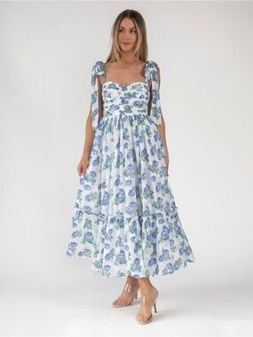 Blue & White Floral Tie-Shoulder Maxi Dress